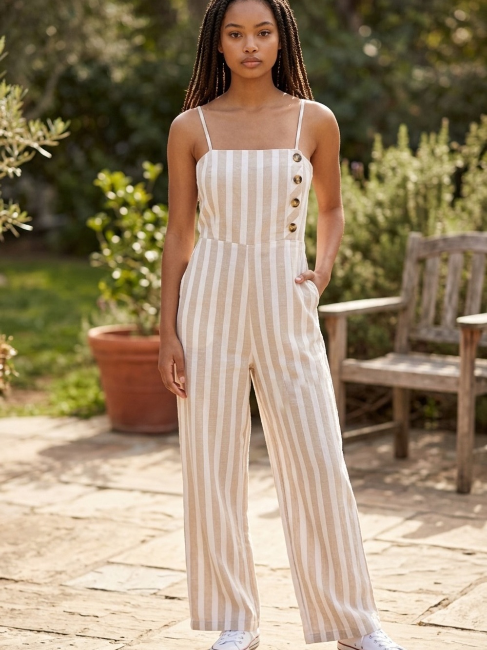 Japna Beige & White Striped Wide-Leg Jumpsuit Size Small